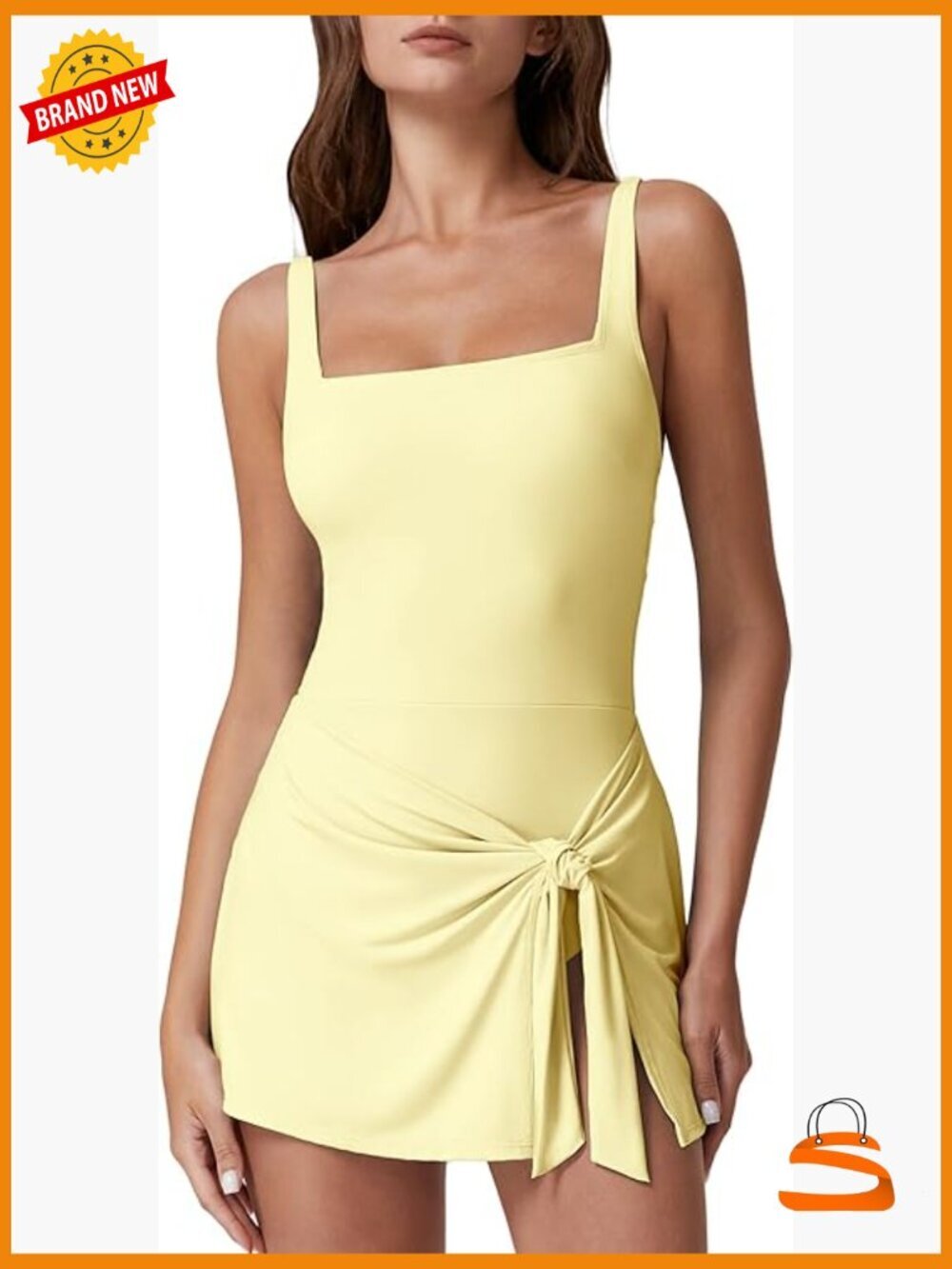 Square Neck Tummy Control One Piece Swim Dress with Wrap Skirt